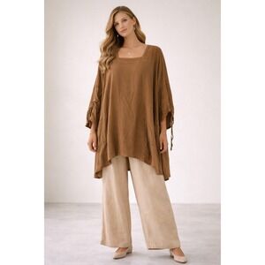 Soft Surroundings Women One Size Brown Square Neck Tunic Top Boho Pockets